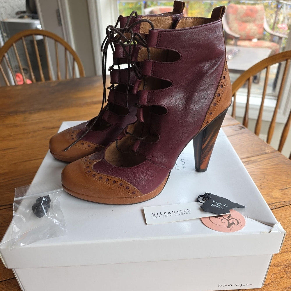 Hispanita Burgundy and Tan Heeled Lace Up Boots